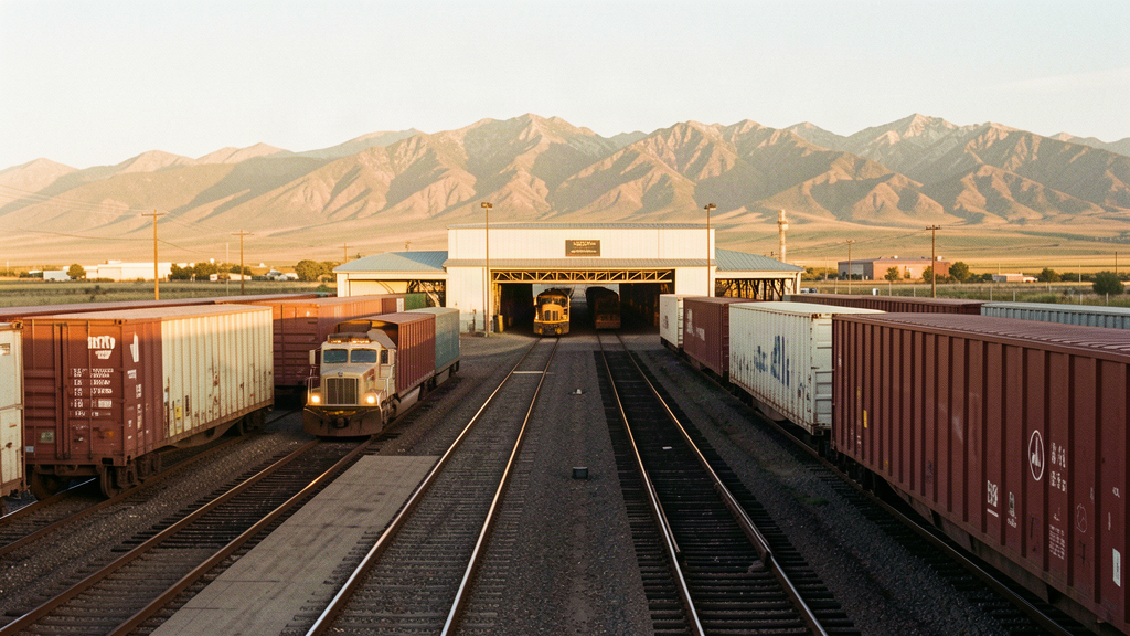 Rail cars staged at a transload facility in the Intermountain West at golden hour